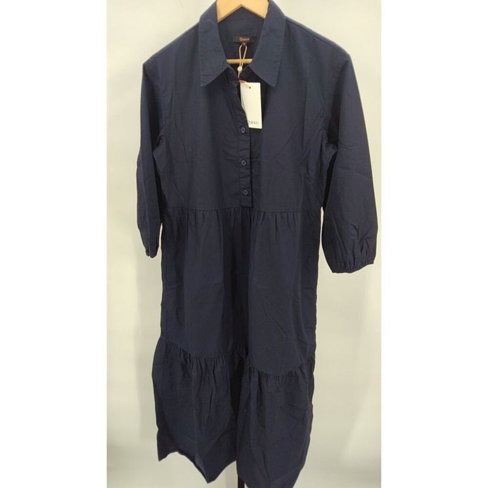 Quince Womens 100% Organic Cotton Poplin Midi Tunic Dress Navy Basic Sleeved M